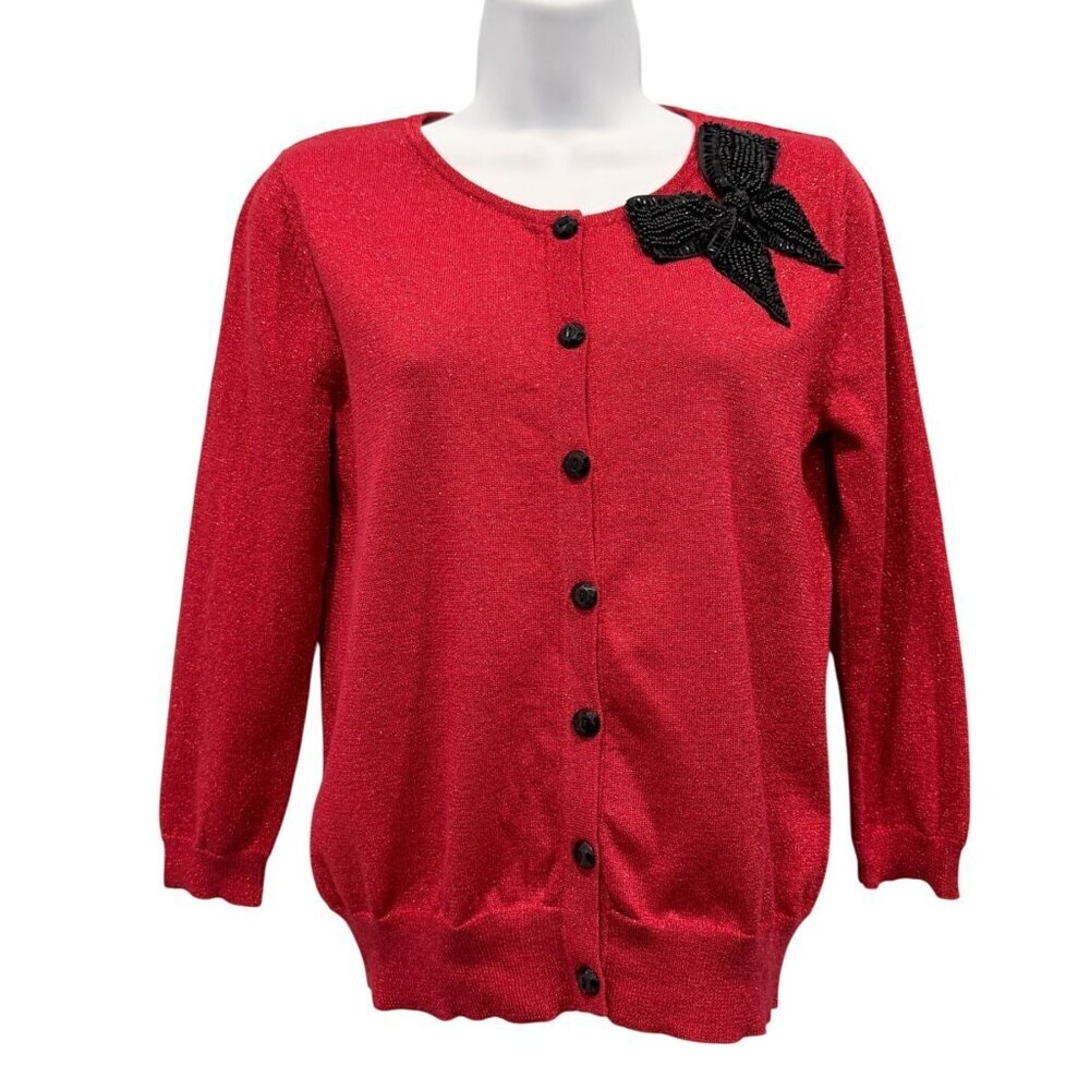 August Silk Red Shimmer Cardigan Black Bead Bow Applique Retro‎ Holiday Womens M
